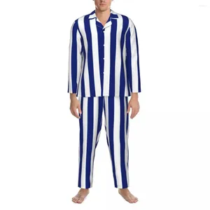 Vêtements de nuit pour hommes Design nautique Ensembles de pyjama Automne Vertical Navy Blue Stripes Mignon Couple de nuit Deux pièces Vintage Graphic Home Suit