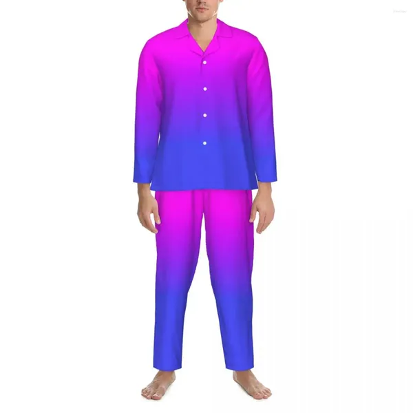 Ropa de dormir para hombres El pijama neón se coloca azul y rosa encantadora manga larga casualidad suelta diariamente 2 piezas ropa de noche