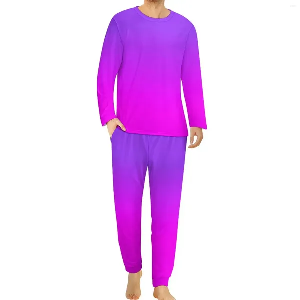 Ropa de dormir para hombre, pijamas con estampado de neón, ropa de dormir elegante morada y rosa para otoño, conjunto de 2 piezas de diseño de habitación de manga larga de gran tamaño