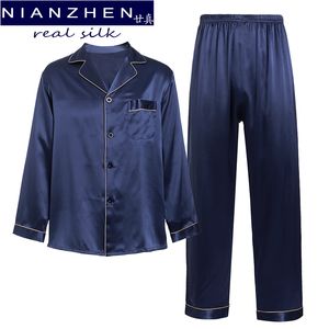 Slaapkleding voor heren Nianzhen 100% Echte natuurlijke zijde 19 Momme Pyjama's Set massief shirt Lange broek Sleepwear Sets Silk Huiskleding voor mannen 69002 230425