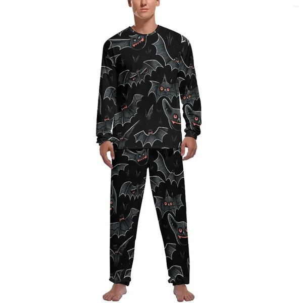 Ropa de dormir para hombre, pijamas de murciélago de ojos anaranjados, ropa de dormir de noche de animales espeluznantes de otoño, conjuntos de pijamas de moda de manga larga con gráficos de 2 piezas para hombre