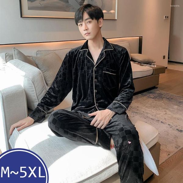 Vêtements de nuit pour hommes Oversize L-5XL Plaid Black Velvet Hommes Pyjamas pour l'hiver 2 pièces Ensemble Vêtements pour la maison Pyjamas pour hommes Couple Snight Pijamas