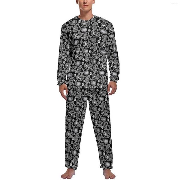 Vêtements de nuit pour hommes Paisley Print Pyjamas Hiver 2 pièces Noir et blanc Bel ensemble pour hommes à manches longues Casual Vêtements de nuit personnalisés