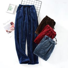 Pyjama De Nuit Pour Hommes Automne Et Hiver Pantalon Épaissi En Flanelle Couleur Unie Velours Corail Cordon De Serrage Ceinture Pyjama Pantalon De Salon Chaud