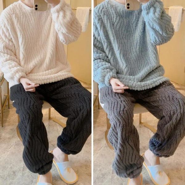 Pantalones de pijama de ropa de dormir para hombres con diseño de unión de unión de piernas con cuello redondo de franela acogedora para otoño invernal suave