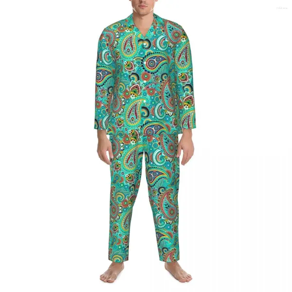 Ropa De Dormir para Hombre Pijamas Hombre Colorido Paisley Noche Estampado De Arte Moderno Conjuntos De Pijama Vintage De 2 Piezas Manga Larga Encantador Traje De Casa De Gran Tamaño