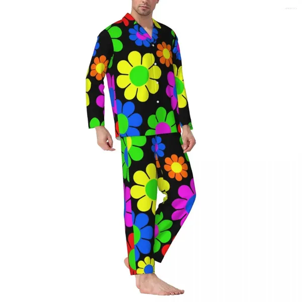 Vêtements de nuit pour hommes Pyjamas Mâle Coloré Paix Imprimer Loisirs Hippie Fleur Daisy 2 Pièces Ensembles De Pyjama En Vrac À Manches Longues Surdimensionné Costume À La Maison
