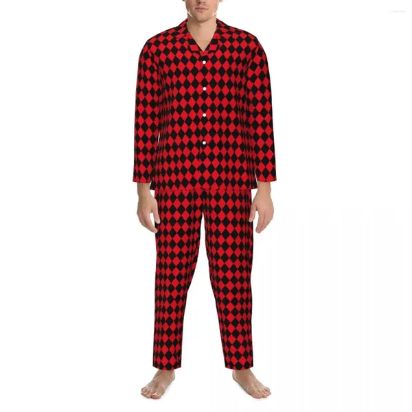 Pyjama géométrique pour hommes, ensemble 2 pièces à carreaux noirs et rouges, ample, manches longues, tendance, surdimensionné, vêtements de nuit