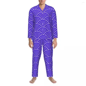 Pyjamas pour hommes pour hommes Male Japonais Seigaiha Wave Daily Nightwear Blue Two Piece Vintage Pajama Set Long-Sheeve Beau Suit à la maison surdimensionné