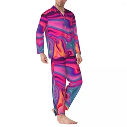 Vêtements de nuit pour hommes Pyjamas Mâle Néon Liquide Quotidien Marbre Imprimé Abstrait Deux Pièces Esthétique Pyjama Ensembles À Manches Longues Oversize Costume À La Maison