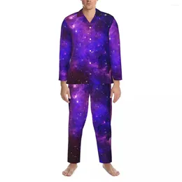 Herren-Nachtwäsche-Pyjama, männlich, violett, Galaxie-Nacht, Vintage-Druck, 2-teilig, lockere Pyjama-Sets, langärmelig, bequem, Übergröße, Heimanzug