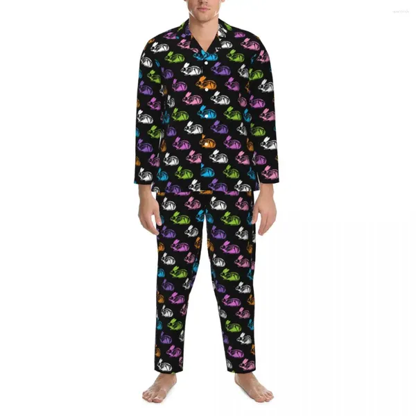 Ropa de Dormir para Hombres Pijamas Esqueleto Masculino Conejos Estampado Colorido Diario Conjuntos de Pijamas Sueltos de 2 Piezas Mangas largas Kawaii Traje para casa de Gran tamaño