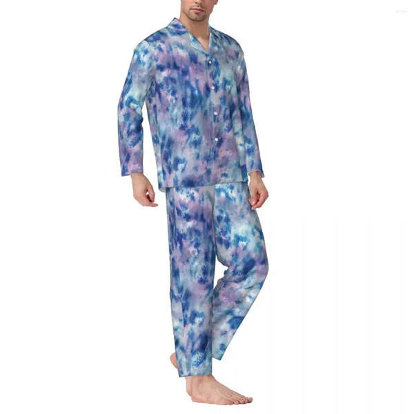 Ropa De Dormir para Hombres Pijamas Hombre Tie Dye Azul Rosa Noche Arte Estético 2 Piezas Conjuntos De Pijamas Casuales Mangas Largas Traje De Casa De Gran Tamaño De Moda