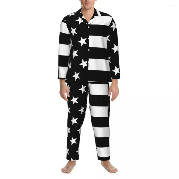 Ropa de dormir para hombre, pijamas para hombre con bandera americana, conjunto de pijama holgado de 2 piezas en blanco y negro, traje para casa de gran tamaño Kawaii de manga larga