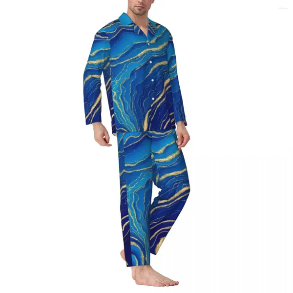 Ropa de dormir para hombre, pijamas para hombre, líquido azul y dorado, arte abstracto de mármol para el hogar, conjuntos de pijama Vintage de 2 piezas, traje encantador de gran tamaño