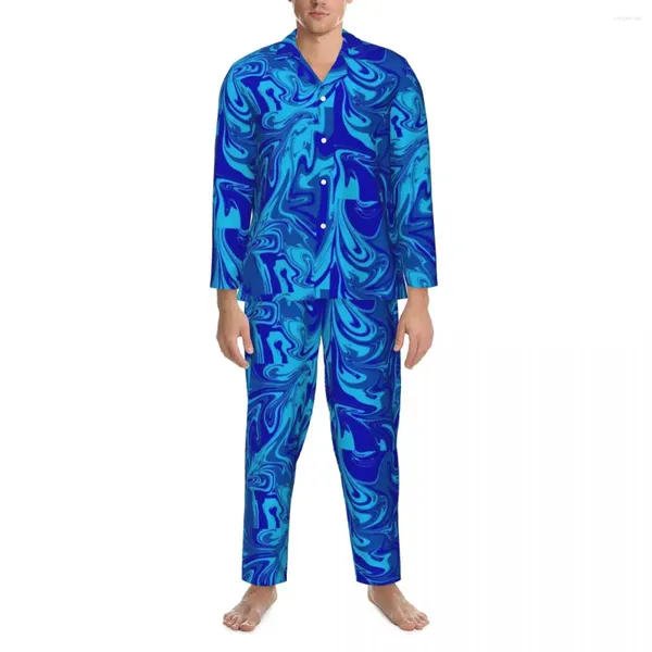 Vêtements de nuit pour hommes Pyjamas Homme Bleu Néon Peinture Chambre Nuit Vêtements De Nuit Abstrait Liquide Deux Pièces Ensemble À Manches Longues Confortable Surdimensionné Costume À La Maison
