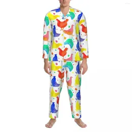 Vêtements de nuit pour hommes Pyjamas Homme Coloré Poulet Chambre De Nuit Aquarelle Animal Imprimé Deux Pièces Ensembles De Pyjama Décontracté Mignon Surdimensionné Costume À La Maison