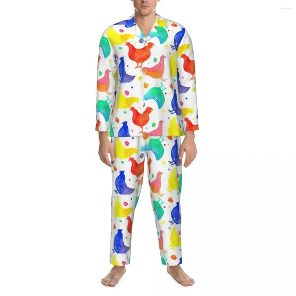 Ropa De Dormir para Hombre Pijamas Hombre Pollo Colorido Dormitorio Ropa De Dormir Estampado De Animales De Acuarela Conjuntos De Pijama Informales De Dos Piezas Traje De Casa De Gran Tamaño Lindo