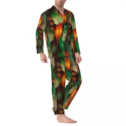 Vêtements de sommeil pour hommes pyjamas homme amusant plume chambre nocturne imprime colorée 2 pièces décontractées à manches longues chaudes surdimensionnées surdimensionnées