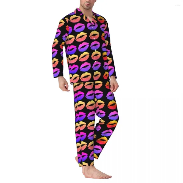 Pyjamas pour hommes Pyjamas Homme Lèvres Imprimer Nuit Vêtements de nuit Coloré Rouge à lèvres 2 pièces Ensemble rétro à manches longues Romantique Costume de maison surdimensionné