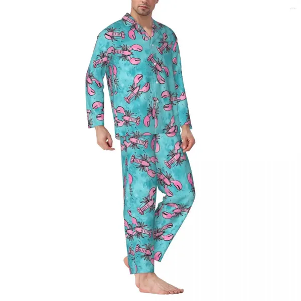 Pyjamas pour hommes Pyjamas Homme Homards Imprimer Sommeil Rose et Bleu 2 pièces Pyjama ample Ensembles manches longues Kawaii Costume de maison surdimensionné