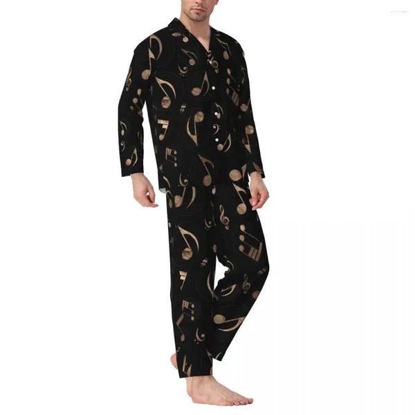 Ropa de dormir para hombre, pijamas para hombre, notas musicales, noche, negro y dorado, conjuntos de pijama Retro de 2 piezas, traje para casa de gran tamaño a la moda de manga larga