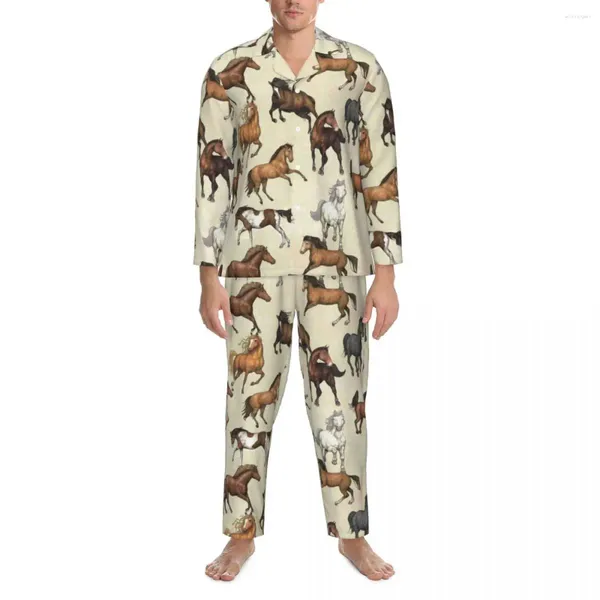 Pyjamas pour hommes Pyjamas Homme Sunset Horse Night Horses Riding Funny 2 pièces Ensemble esthétique à manches longues doux surdimensionné costume de maison