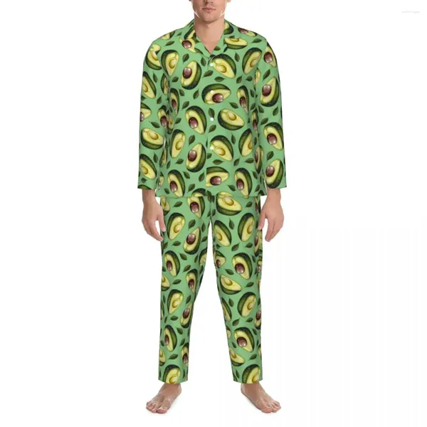 Pyjamas pour hommes Pyjamas Homme Tendance Vert Avocat Sommeil Vêtements de nuit Fruits mignons 2 pièces Pyjama Vintage Ensemble à manches longues Costume de maison surdimensionné