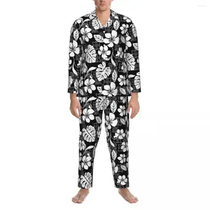 Ropa de dormir para hombre, pijamas de hombre con flores tropicales para dormitorio, conjunto de pijama holgado de dos piezas con estampado de flores blancas, traje para casa de gran tamaño de manga larga