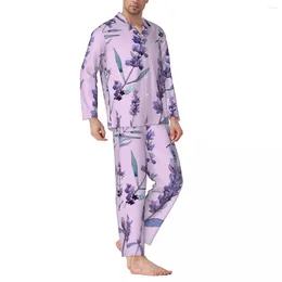 Vêtements de nuit pour hommes Pyjamas Homme Violet Lavande Chambre Violet Gel Polonais 2 Pièces Ensemble À Manches Longues Oversize Costume À La Maison