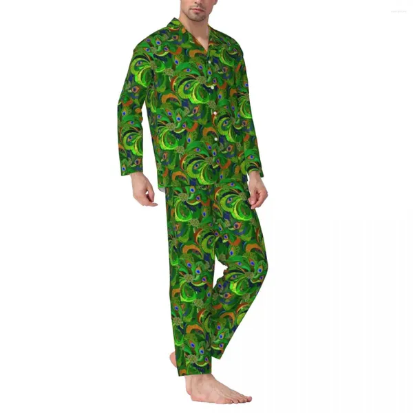 Ropa de dormir para hombre, pijamas para hombre, estampado abstracto de pavo real, ropa de dormir para dormir, plumas Retro verdes, conjunto informal suelto de 2 piezas, traje para casa encantador