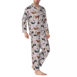 Ropa de dormir para hombres Pijamas Hombres Vaca y flor Dormitorio Ropa de dormir Acuarela Floral 2 piezas Conjunto estético Manga larga Traje de casa de gran tamaño