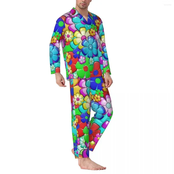 Vêtements de nuit pour hommes Pyjamas Hommes Hippie Retro Peace Home Nightwear Fleur Imprimer 2 pièces Esthétique Ensemble Manches Longues Costume Surdimensionné Doux