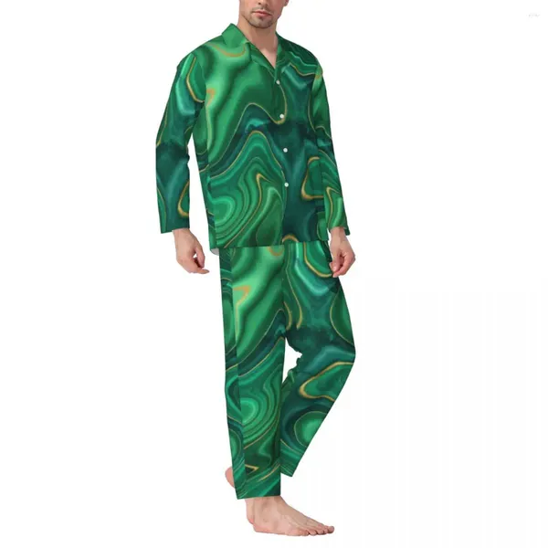 Ropa De Dormir para Hombres Pijamas Hombres Estampado Líquido Noche Verde Amarillo Abstracto Conjunto De Pijama Retro De 2 Piezas Mangas Largas Traje De Casa De Gran Tamaño Suave