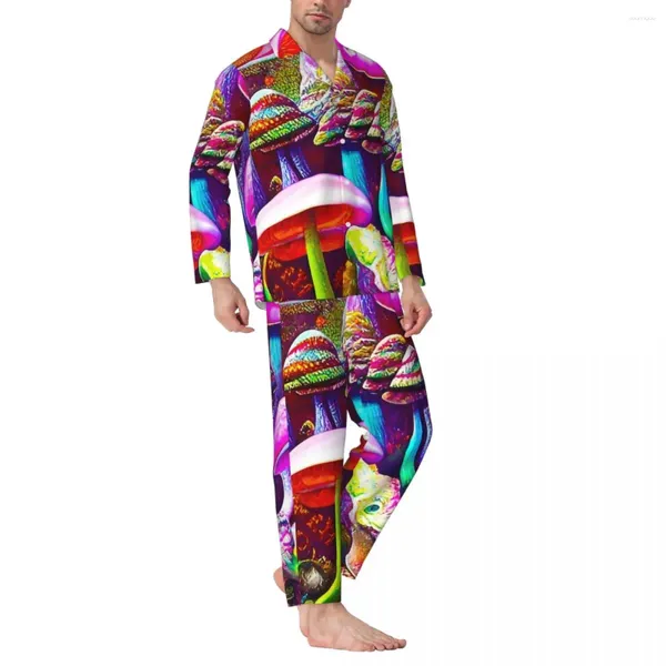 Pyjamas pour hommes pour hommes Champignons magiques nuit mignon champignon 2 pièces Pyjama rétro ensemble à manches longues à manches longues surdimensionnées