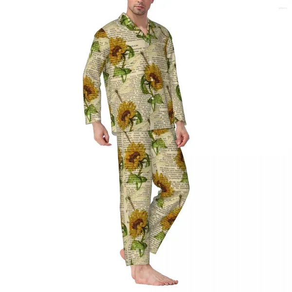 Ropa de dormir para hombre, pijamas para hombre, estampado de girasoles de periódico antiguo, conjuntos de pijama sueltos de 2 piezas, manga larga, encantador traje para casa de gran tamaño