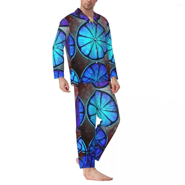 Pyjamas pour hommes Pyjamas Hommes Oranges Quotidien Bleu Fruits 2 pièces Ensemble décontracté Manches longues Mode Costume de maison surdimensionné