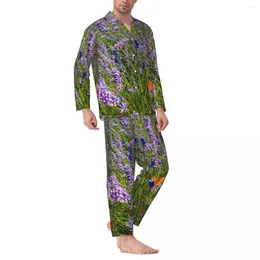 Vêtements de nuit pour hommes Pyjamas Hommes Violet Lavande Quotidien Vêtements de nuit Champ Nature Plante 2 pièces Ensembles de pyjama rétro Doux Costume de maison surdimensionné