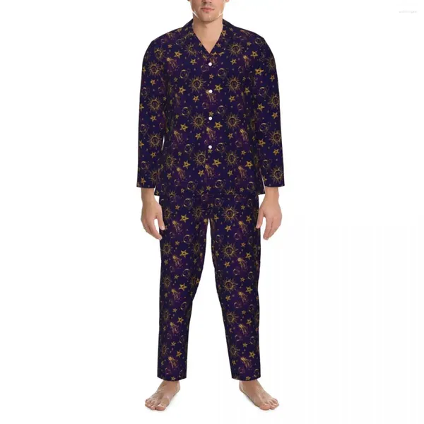 Ropa De Dormir para Hombres Pijamas Hombres Diseños De Luna Retro Ropa De Dormir para El Hogar Astrología Mágica Conjuntos De Pijama Vintage De 2 Piezas Traje De Gran Tamaño De Manga Larga