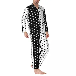 Pijamas para Hombre Pijamas Retro De Dos Tonos para Dormir, Conjuntos De Pijama Informales De 2 Piezas con Manchas En Blanco Y Negro, Traje para Casa De Gran Tamaño De Manga Larga