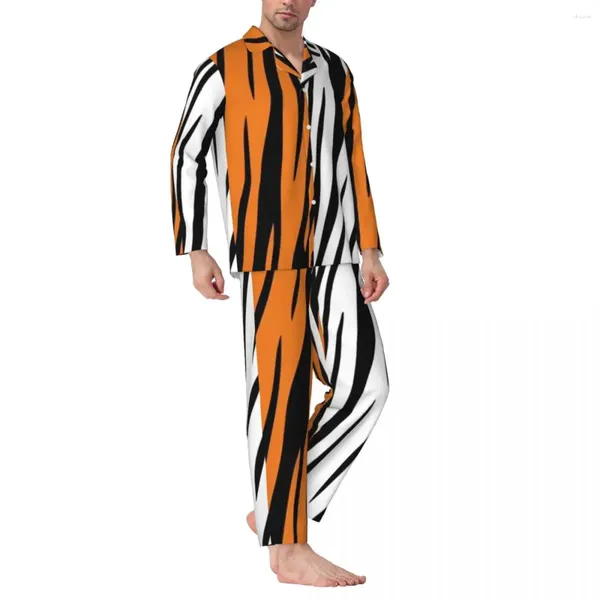 Vêtements de nuit pour hommes Pyjamas Hommes Tiger Stripes Loisirs Deux tons Imprimer 2 pièces Rétro Pyjama Ensembles Manches longues Tendance Oversize Home Costume