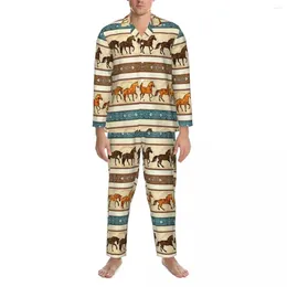 Pijamas para Hombre, Conjunto De Pijama De 2 Piezas con Estampado De Caballo Vintage para Hombre, Conjunto De Pijama De Manga Larga Romántico De Gran Tamaño, Traje para Casa