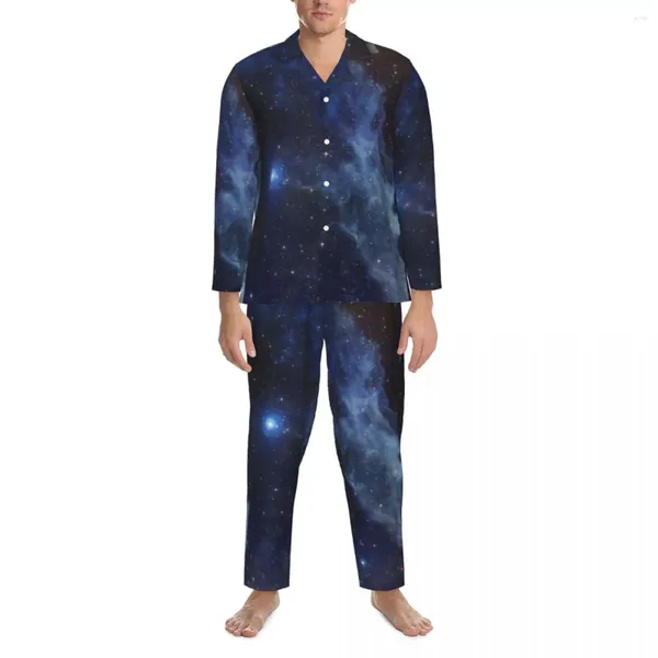 Pyjamas de nuit pour hommes Pyjamas pour hommes Bleu foncé Galaxy Loisirs Vêtements de nuit Starry Star Clouds 2 pièces Ensemble décontracté à manches longues Costume de maison surdimensionné