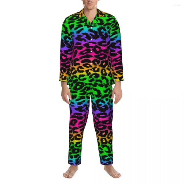 Pyjamas de nuit pour hommes Hommes Rétro 80S Night Leopard Rainbow Print Deux pièces Casual Pyjama Ensembles à manches longues doux surdimensionné costume à la maison