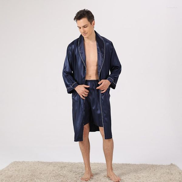 Pijama de verano para hombre, ultrafino, de Color sólido, a rayas, informal, sencillo, transpirable, de seda, de dos piezas