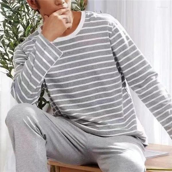 Vêtements de nuit pour hommes Party Stripe Lettre Longue Imprimer Ensemble de repos Pantalon Hommes O-Cou Manches 6 Accueil Couleurs de couchage douces Top Treillis Pyjama Vêtements de nuit