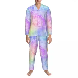 Vêtements de nuit pour hommes Pastel Tie Dye Pyjama Ensemble Automne Spirale Imprimer Kawaii Loisirs 2 Pièces Décontracté Surdimensionné Personnalisé Vêtements De Nuit Cadeau D'anniversaire