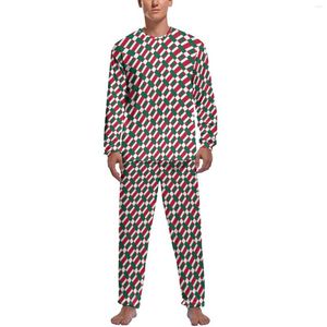 Vêtements de nuit pour hommes Patchwork imprimé pyjamas automne rouge blanc bloc décontracté hommes 2 pièces graphique manches longues ensembles de pyjama chaud