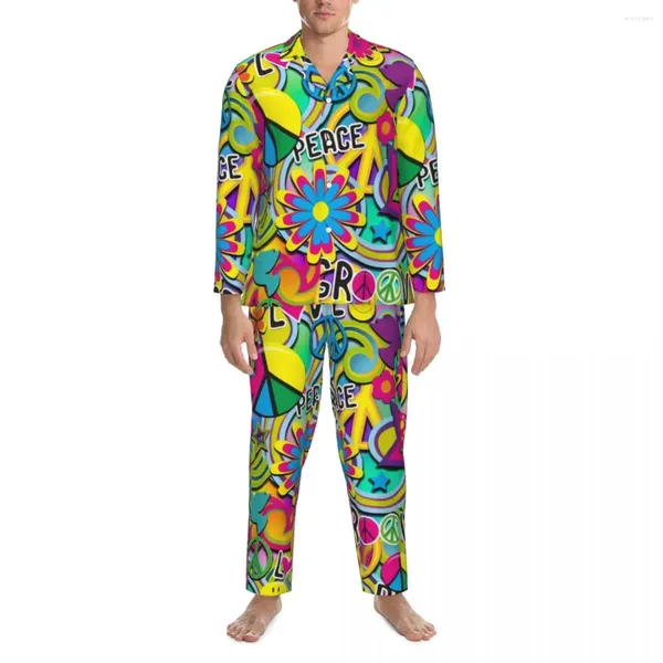 Vêtements de nuit pour hommes Paix Fleur Imprimer Pyjama Ensemble Groovy Fun Mignon Homme Manches Longues Casual Chambre Lâche Deux Pièces Vêtements De Nuit Grande Taille XL 2XL