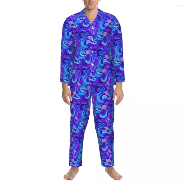 Vêtements de nuit pour hommes Paon Cou Gator Pyjamas Mâle Rétro Plumes Bleues Chaud Quotidien Automne 2 Pièces Casual Oversize Design Pyjama Ensembles